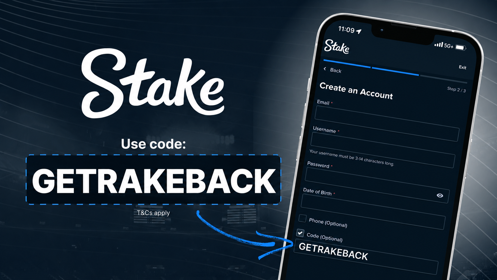Stake sign-up promo graphic showing the code GETRAKEBACK entered in the referral field