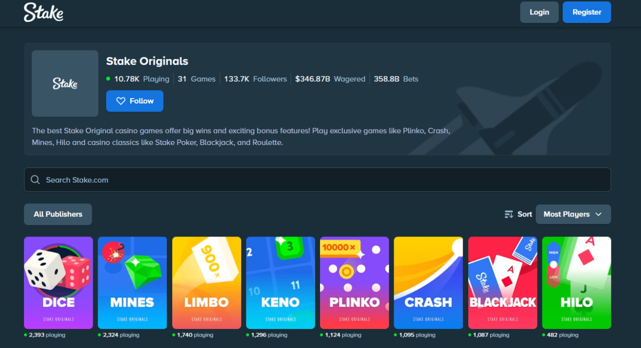 Screenshot of a Stake Originals lobby showing tiles for Dice, Mines, Limbo, Keno, Plinko, Crash, Blackjack and Hilo